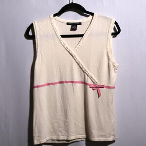 VTG Off White V Neck‎ Knit Tank Pink Bow Sweater Vest Sz L Coquette Girly Preppy